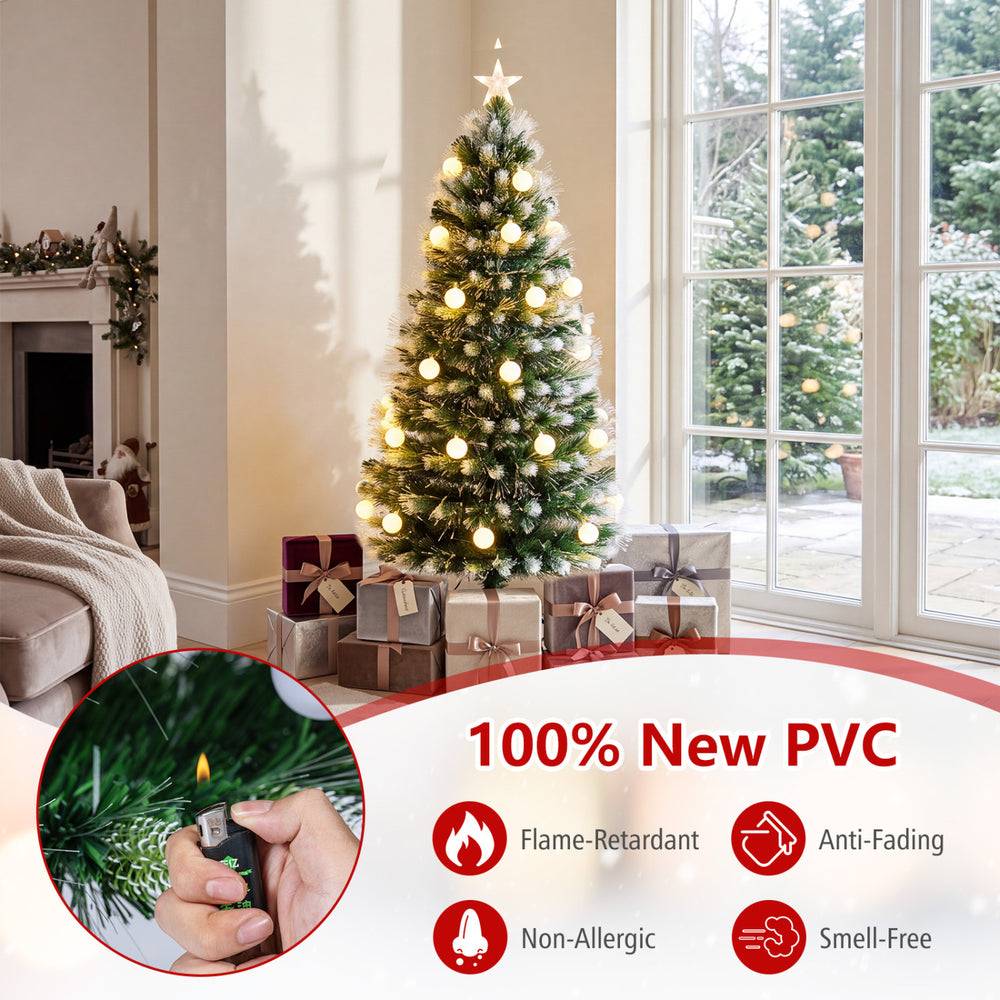 5 FT pre-lit artificial fir Christmas tree with 28 warm white LED lights and flame-retardant PVC for festive decor.