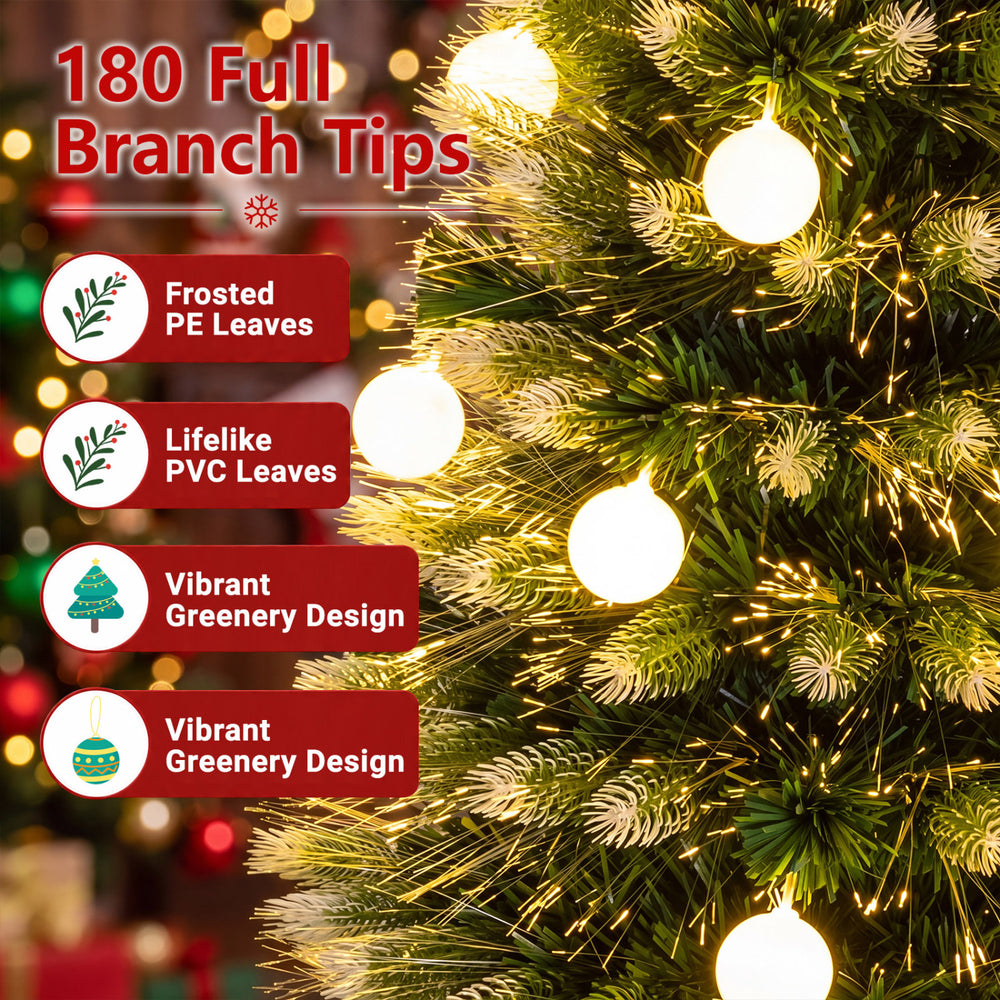 5 FT artificial fir Christmas tree with 180 full branch tips, frosted PE leaves, and 28 warm white LED lights for festive decor.