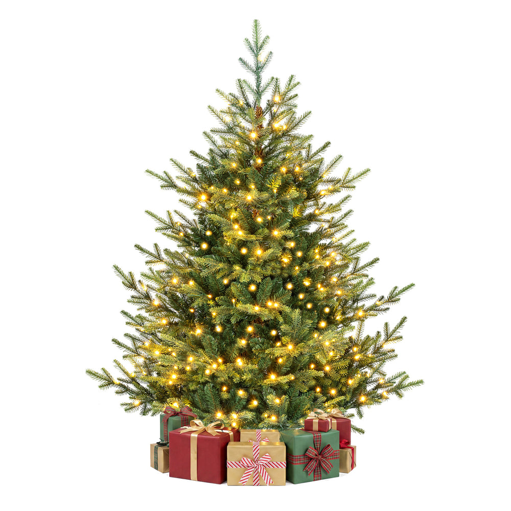 5 FT pre-lit artificial Christmas tree featuring 180 warm white LED lights and lifelike PVC leaves, perfect for holiday decor.