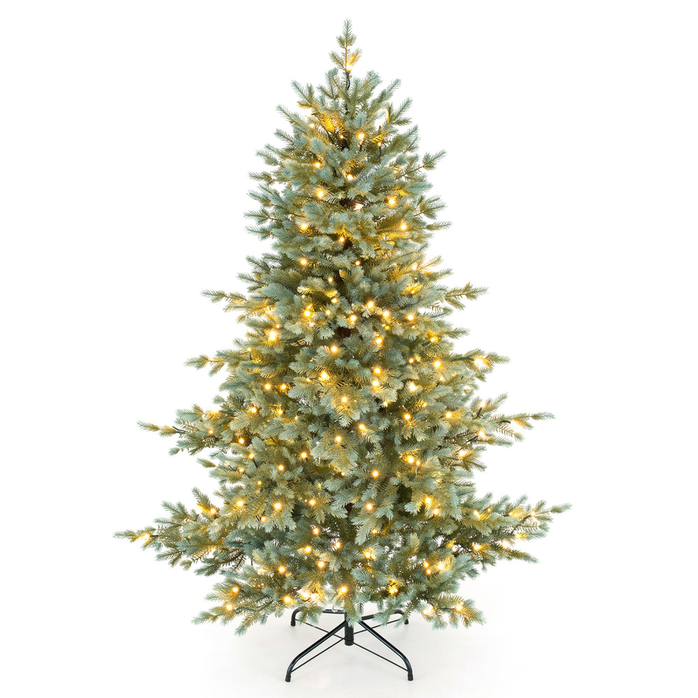 5 FT pre-lit artificial Christmas tree in blue-green tones with 260 warm white LED lights for festive holiday decor.