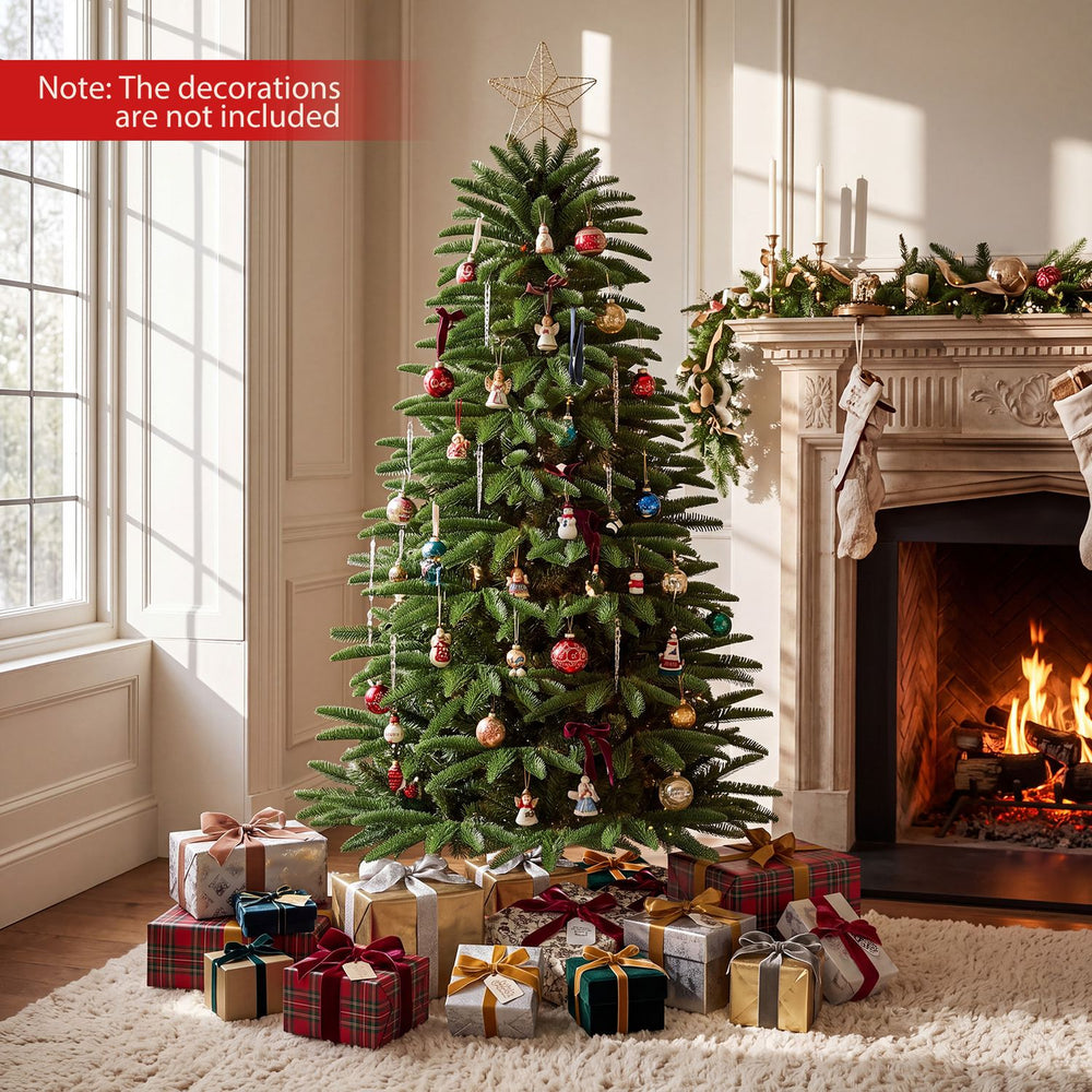 Pre-lit artificial Christmas tree with 507 branch tips and three gift boxes, perfect for cozy indoor holiday celebrations.