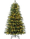 Pre-lit 7 FT artificial Christmas tree with 380 warm LED lights and three gift boxes for festive indoor celebrations.
