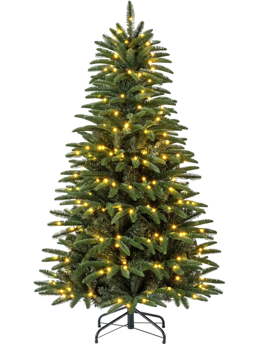 Pre-lit 7 FT artificial Christmas tree with 380 warm LED lights and three gift boxes for festive indoor celebrations.
