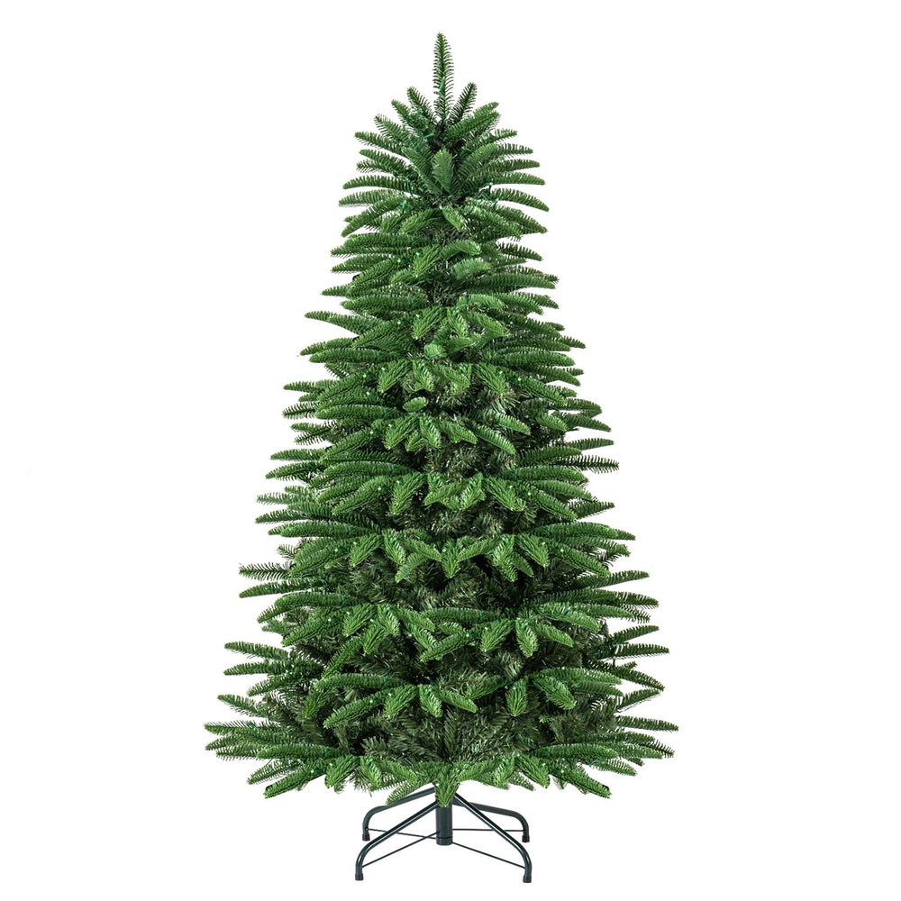 Pre-lit 7 FT artificial Christmas tree with 380 warm LED lights and 3 gift boxes, perfect for festive indoor celebrations.