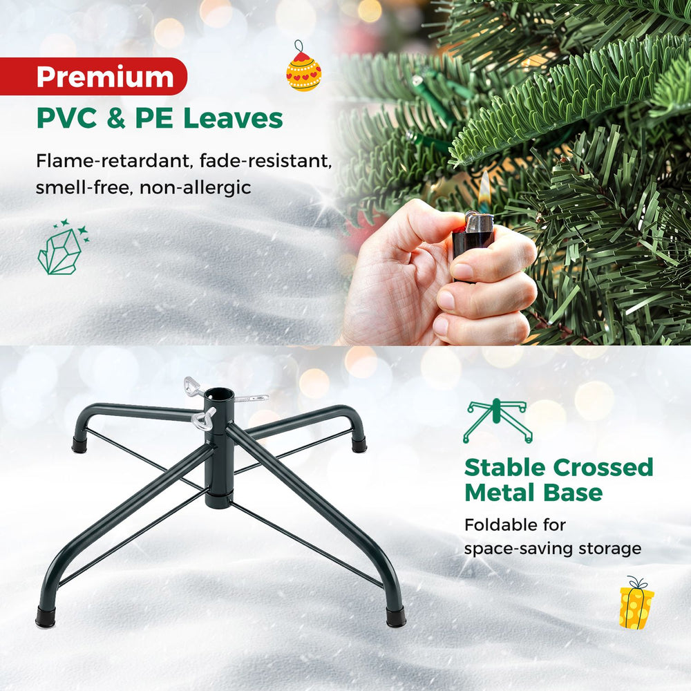 Pre-lit artificial Christmas tree with PVC and PE leaves, featuring a stable crossed metal base and foldable design for storage.
