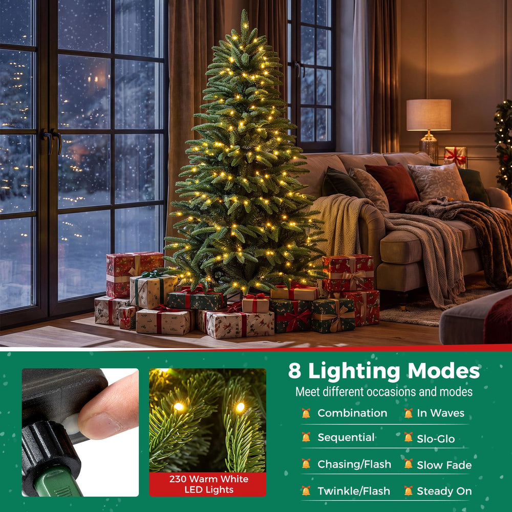 Pre-lit artificial Christmas tree with 230 warm LED lights and 3 gift boxes, perfect for cozy indoor holiday celebrations.