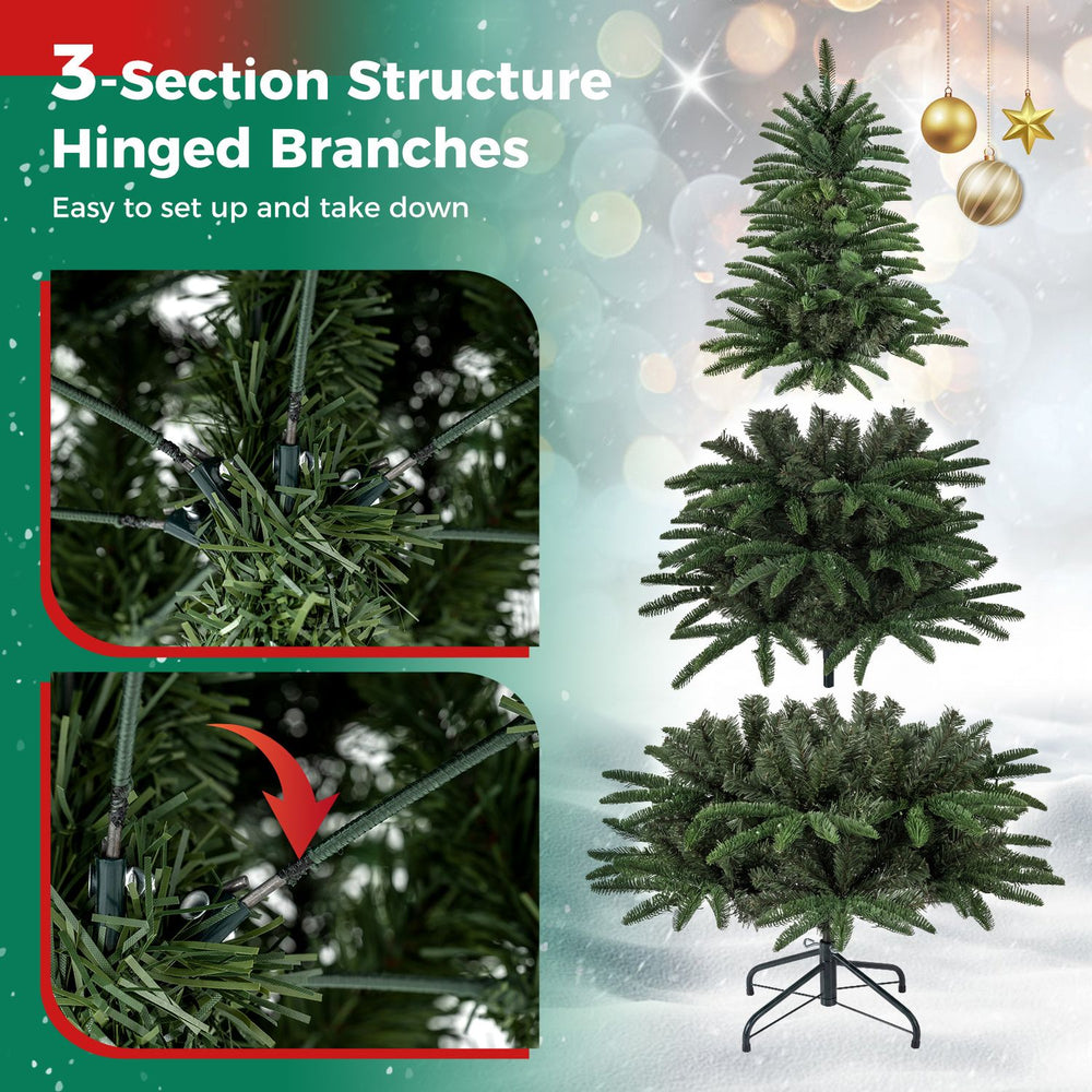 Pre-lit artificial Christmas tree with hinged branches, featuring 507 tips and 230 warm LED lights for easy setup and festive decor.
