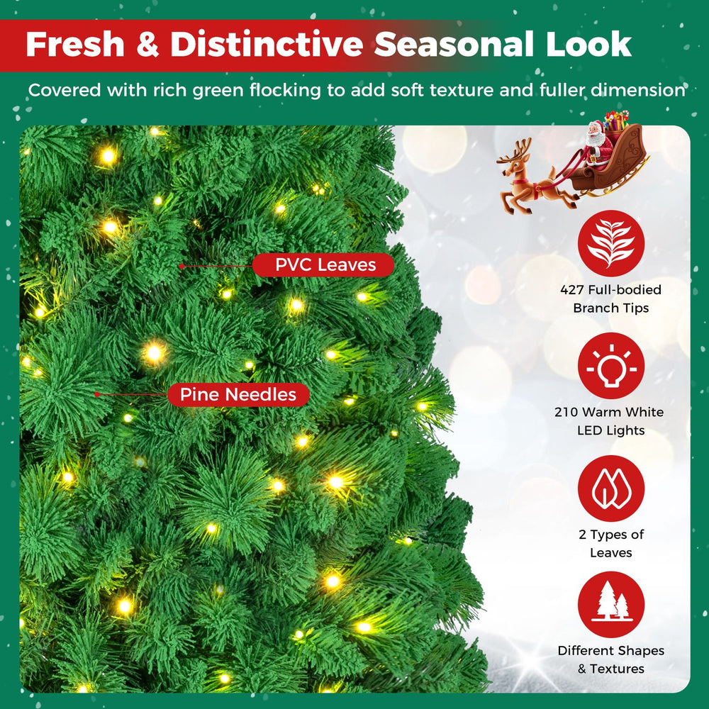 5 FT pre-lit artificial Christmas tree features rich green snow flocking, 210 warm white LED lights, and dense branch tips.