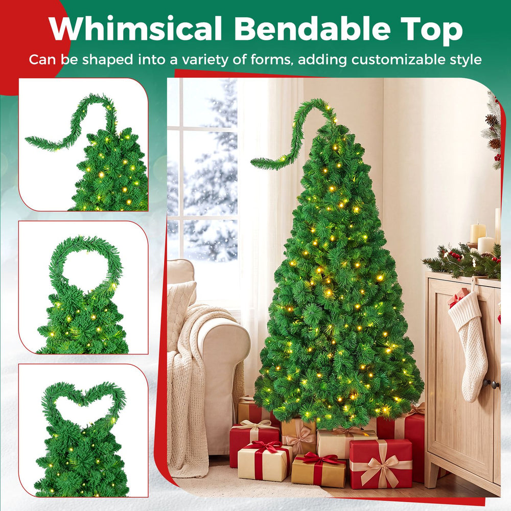5 FT pre-lit artificial Christmas tree with green snow flocking and customizable bendable top for festive holiday decor.
