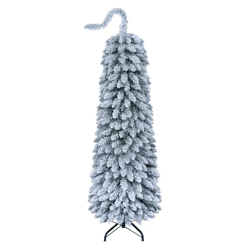 5 FT pre-lit artificial Christmas tree with a slim design and bendable top, featuring 110 warm white LED lights for cozy ambiance.