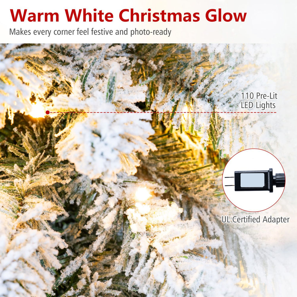 5 FT pre-lit artificial Christmas tree featuring 110 warm white LED lights and snow flocked branch tips for festive charm.
