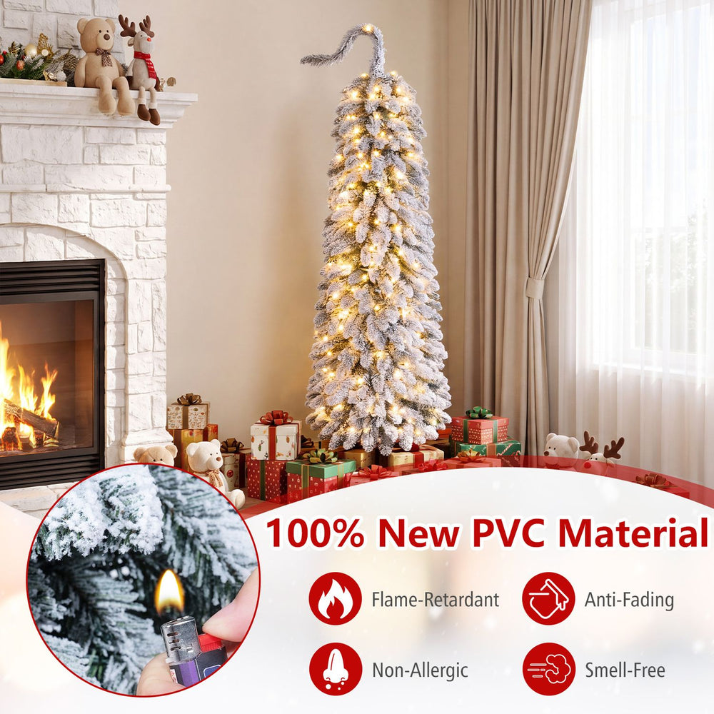 5 FT pre-lit artificial Christmas tree with 110 warm white LED lights, featuring snow flocked branches and a bendable top.