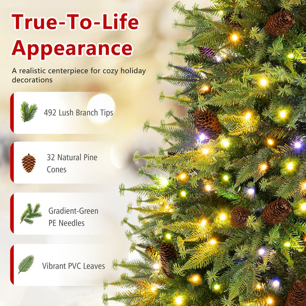 5 FT pre-lit artificial Christmas tree with pine cones and warm white and multicolor LED lights, shown close-up.
