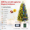 Pre-lit artificial Christmas tree with pine cones, warm white and multicolor LED lights, shown with the 11 lighting modes.