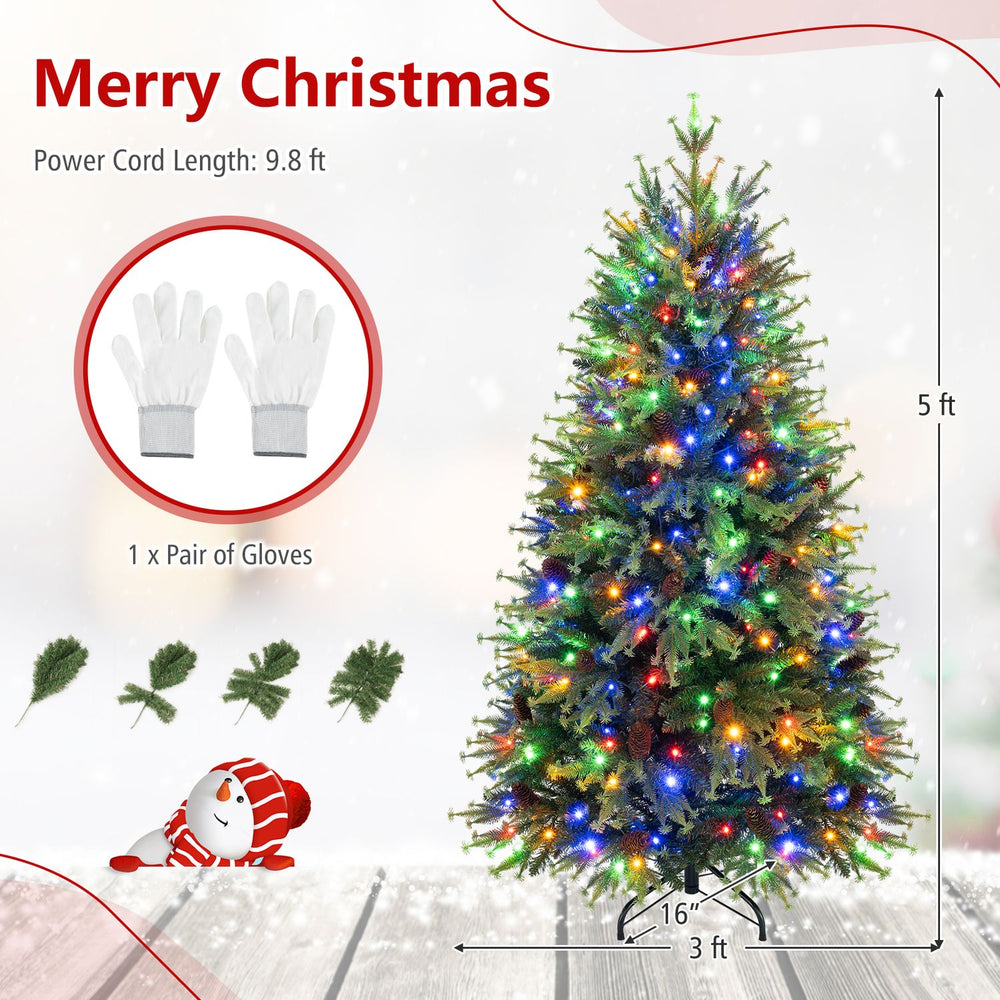 5 FT pre-lit artificial Christmas tree with multicolor LED lights, pine cones, and included gloves.