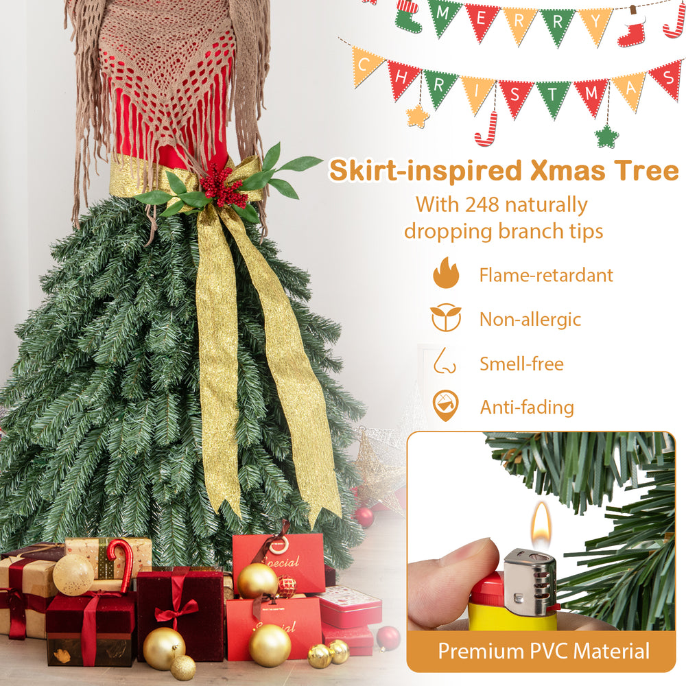 Skirt-inspired 5 FT pre-lit Christmas tree with 248 branch tips, gold ribbon, and warm white LED lights for festive.