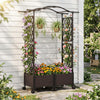 Self-watering planter box with lattice trellis and curved roof, featuring brown rattan panels for outdoor gardening.