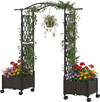 Self-watering planter boxes with lattice trellis and curved roof, designed for vibrant plant growth in outdoor gardens.