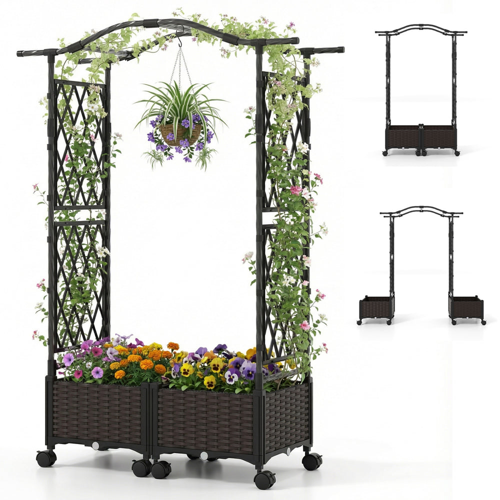 Self-watering planter box with lattice trellis and curved roof, featuring brown PP rattan panels for vibrant plant.