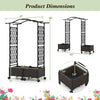 Self-watering planter boxes with lattice trellis and roof, brown, featuring lockable wheels for easy movement.