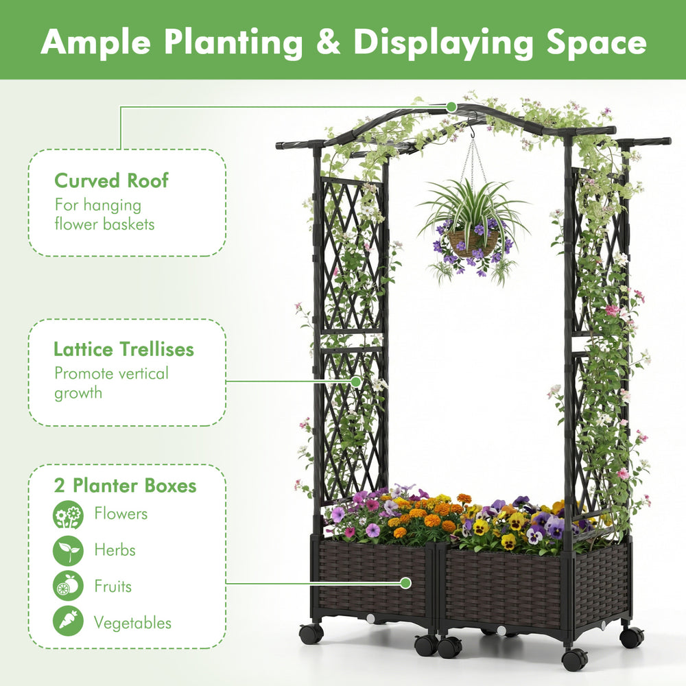 Self-watering planter box with lattice trellis and curved roof in brown, ideal for vibrant plant growth on patios or.