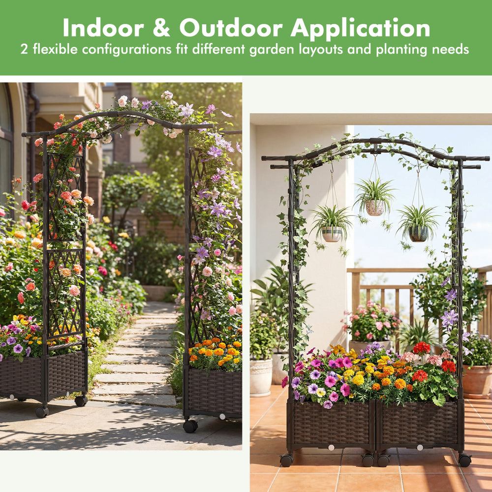 5 FT self-watering planter boxes with lattice trellis and curved roof, ideal for indoor and outdoor gardening.