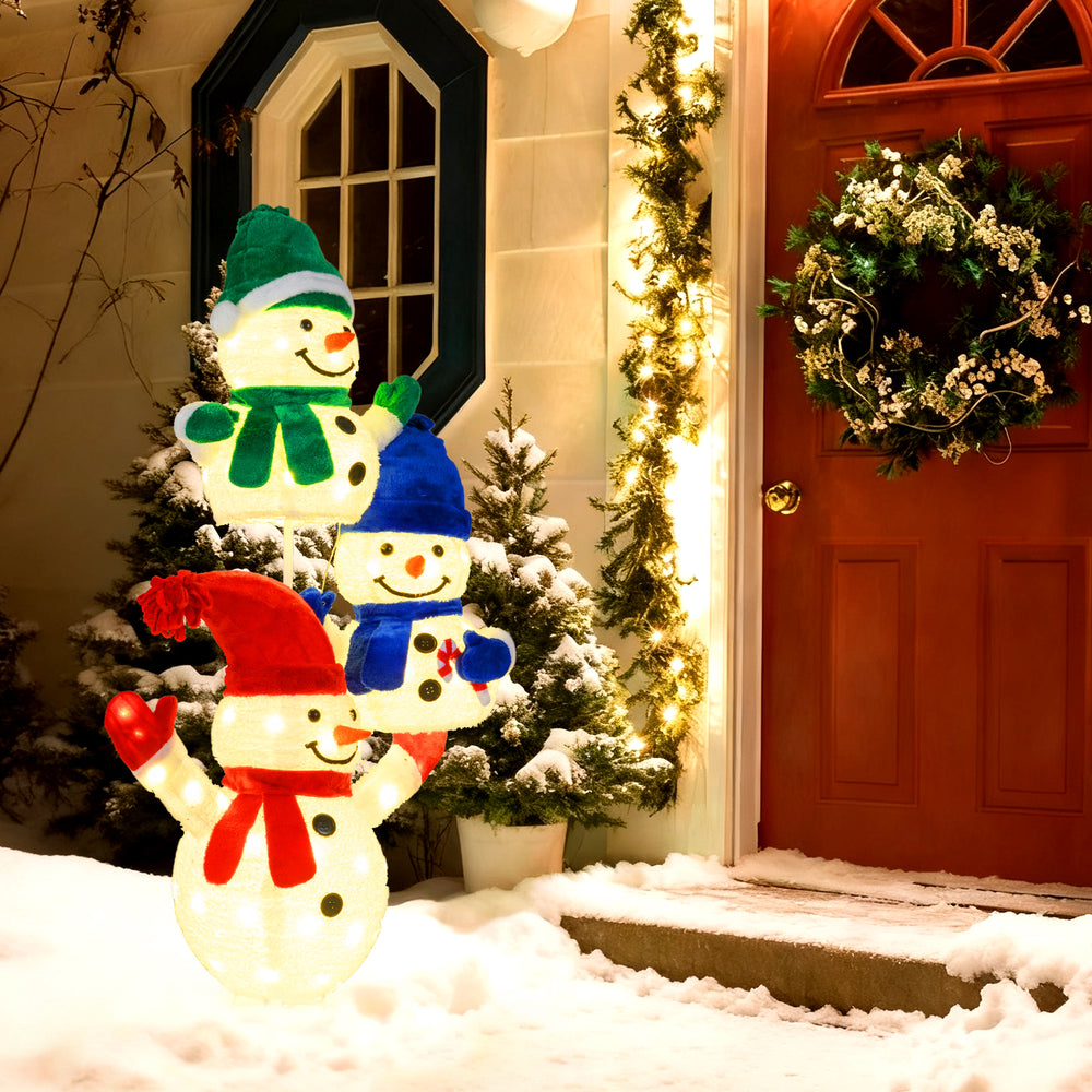 Stacked snowman Christmas decoration with 110 LED lights, featuring three snowmen in hats and scarves for outdoor.