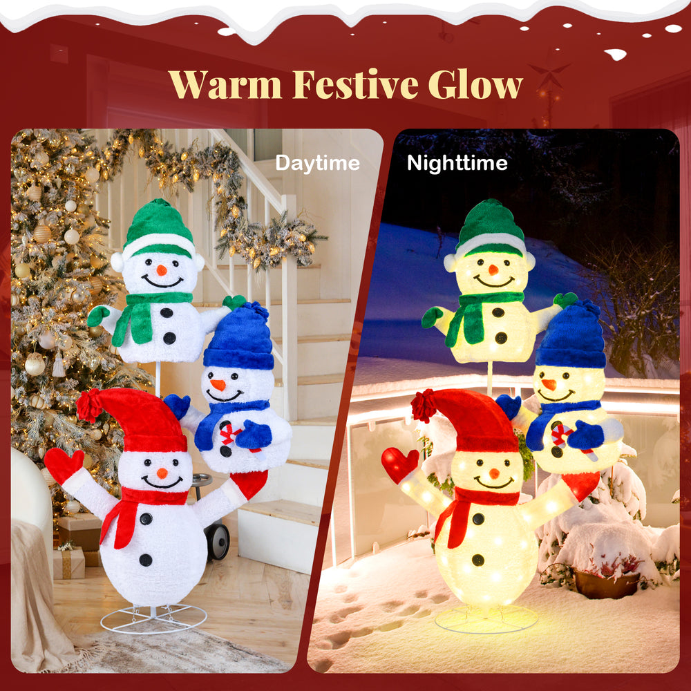 Stacked snowman Christmas decoration with 110 LED lights, featuring soft velvet fabric and sturdy metal frame for.