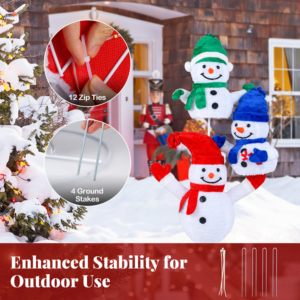 Stacked snowman Christmas decoration with 110 LED lights, featuring a sturdy frame, zip ties, and ground stakes for.