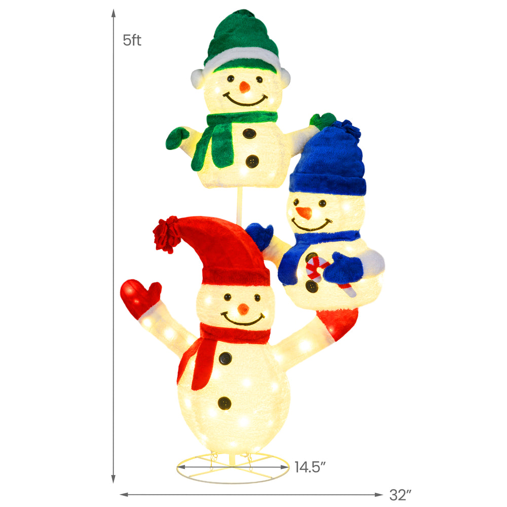 Stacked snowman Christmas decoration, 5 ft tall with 110 LED lights, made of velvet fabric for indoor and outdoor use.