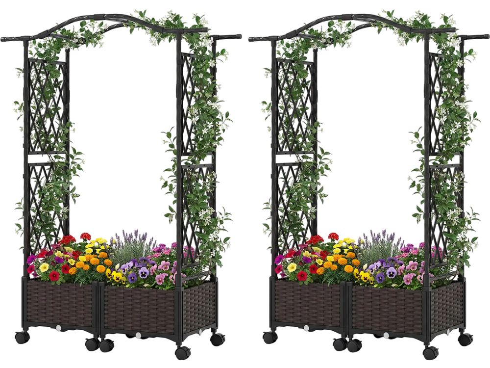 5 FT tall raised garden bed with lockable wheels, trellis for climbing flowers, and two planter boxes for easy.