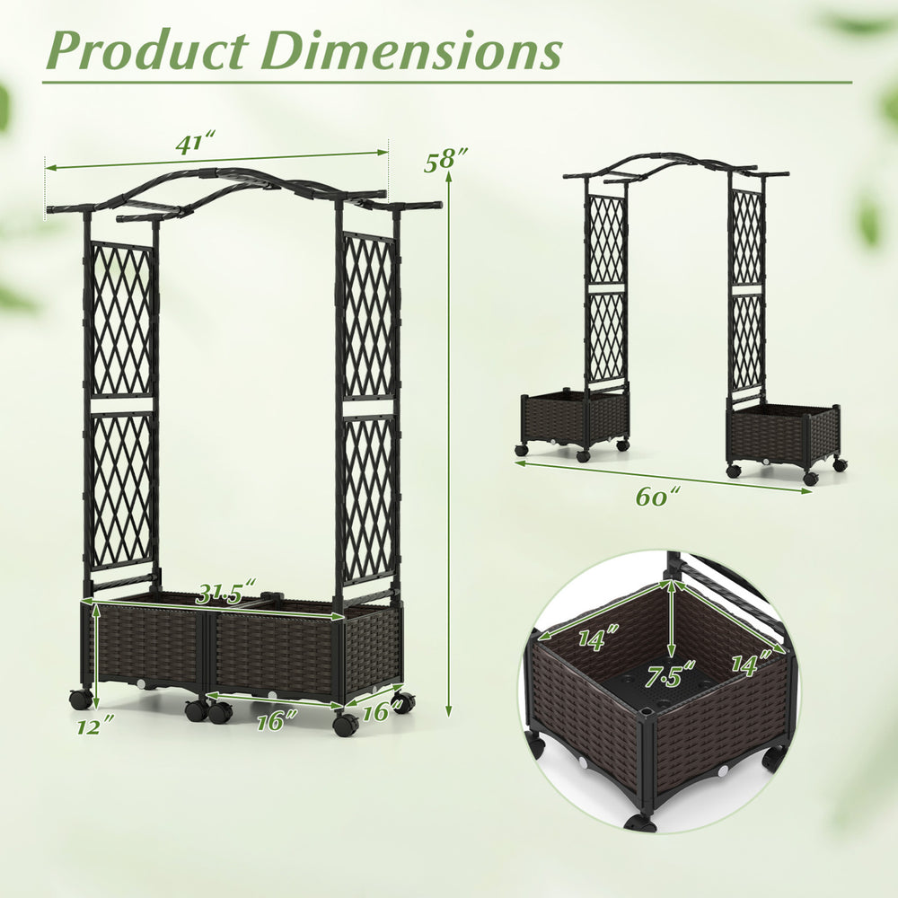 Detailed dimensions of the 5 FT tall raised garden bed with lockable wheels and hanging roof for climbing flowers.