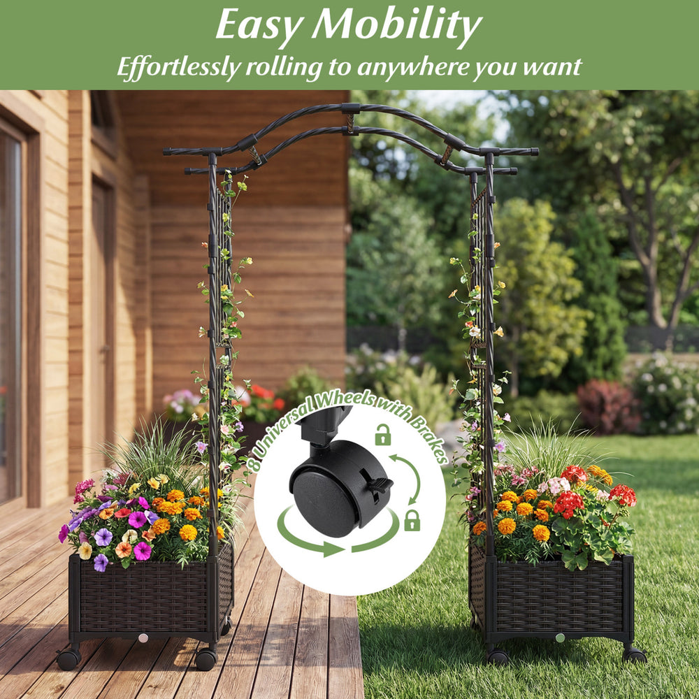 5 FT tall raised garden bed with lockable wheels, hanging roof, and two planter boxes for growing flowers and.