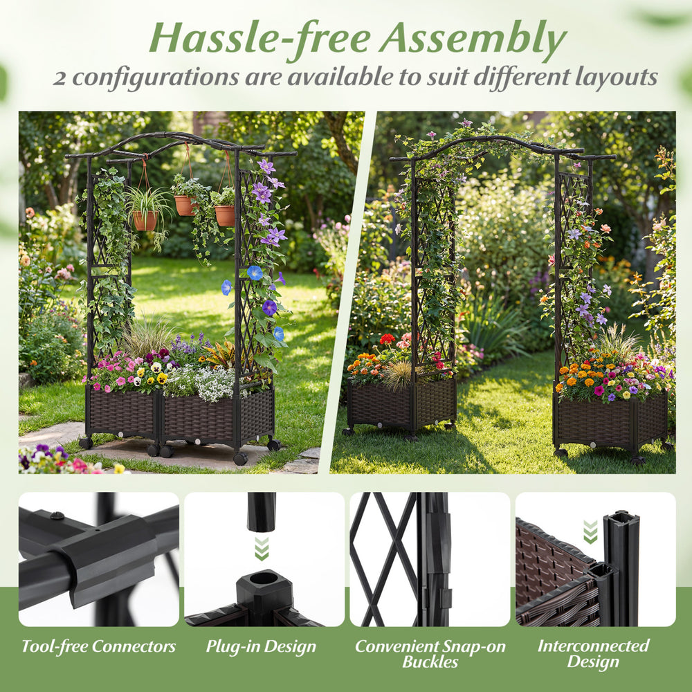 5 FT tall raised garden bed with lockable wheels and hanging roof, featuring climbing trellis and two planter boxes for.