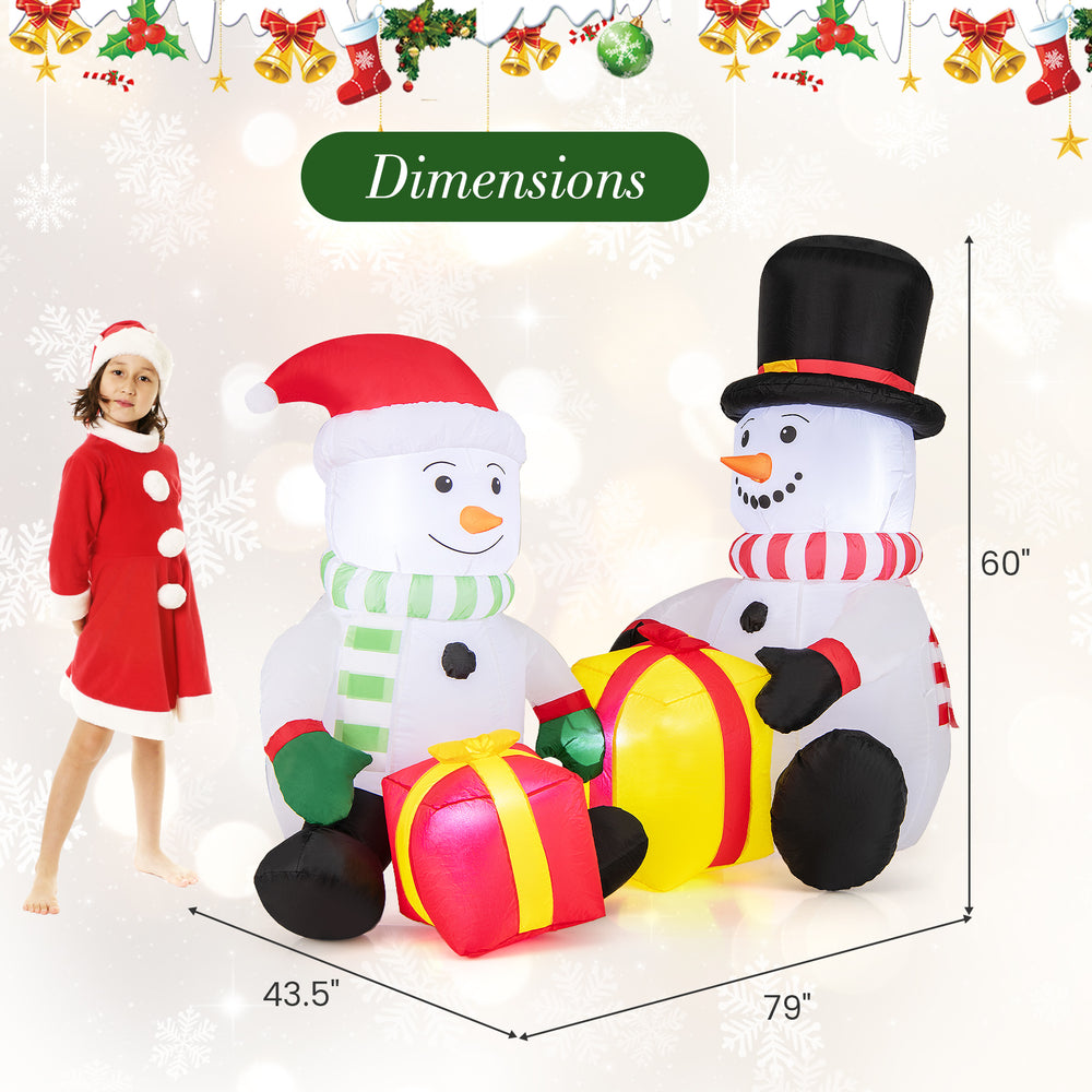 Cute 5-foot inflatable snowmen with gift boxes, pre-lit with LED lights, perfect for festive indoor and outdoor decor.