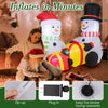Cute 5-foot inflatable snowmen with gift boxes, pre-lit, made of durable polyester for indoor and outdoor holiday cheer.
