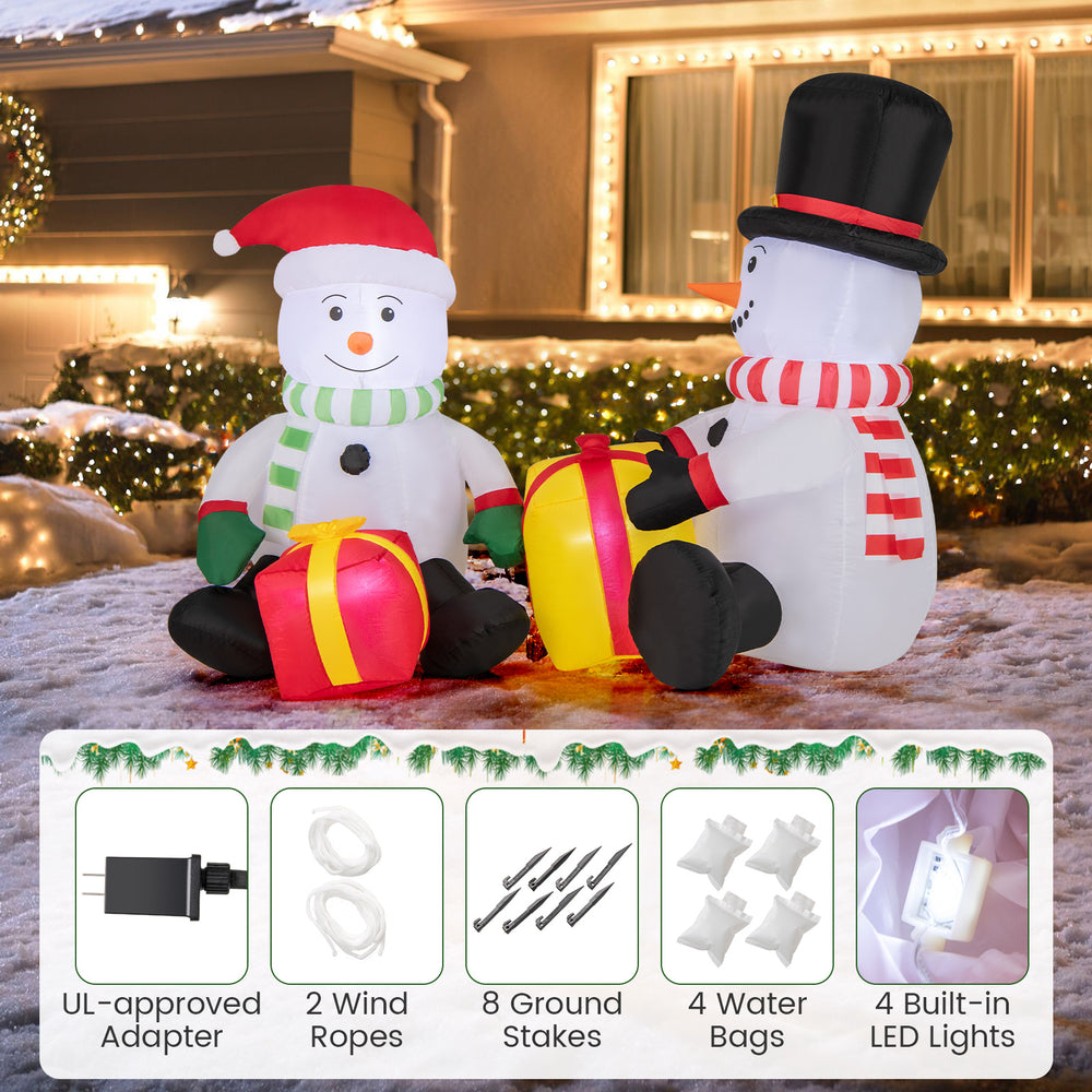 Cute 5-foot inflatable snowmen with gift boxes, pre-lit with 4 LED lights, perfect for holiday outdoor decoration.