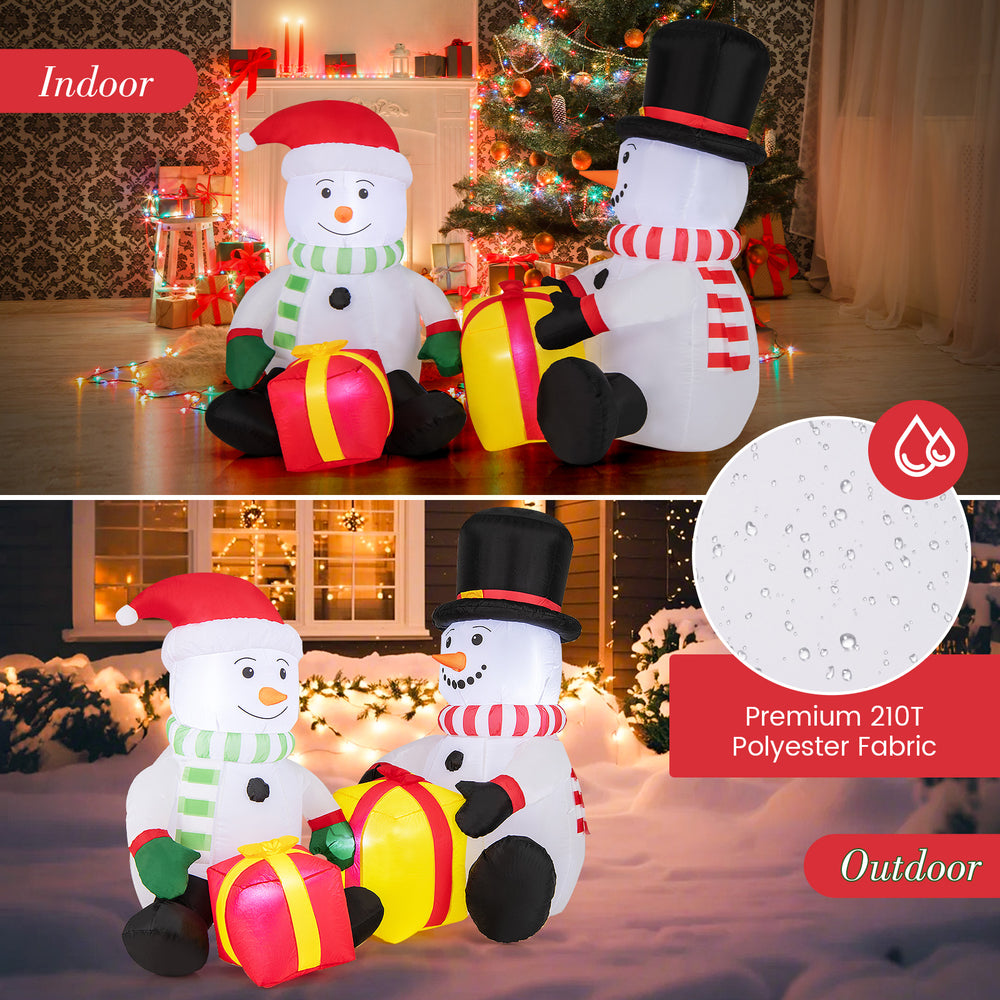Cute 5-foot inflatable snowmen with gift boxes, made of premium 210T polyester fabric, perfect for indoor and outdoor.