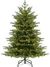 Dense 5-foot artificial Christmas tree with 200 warm white LED lights and realistic PVC foliage, ideal for holiday.
