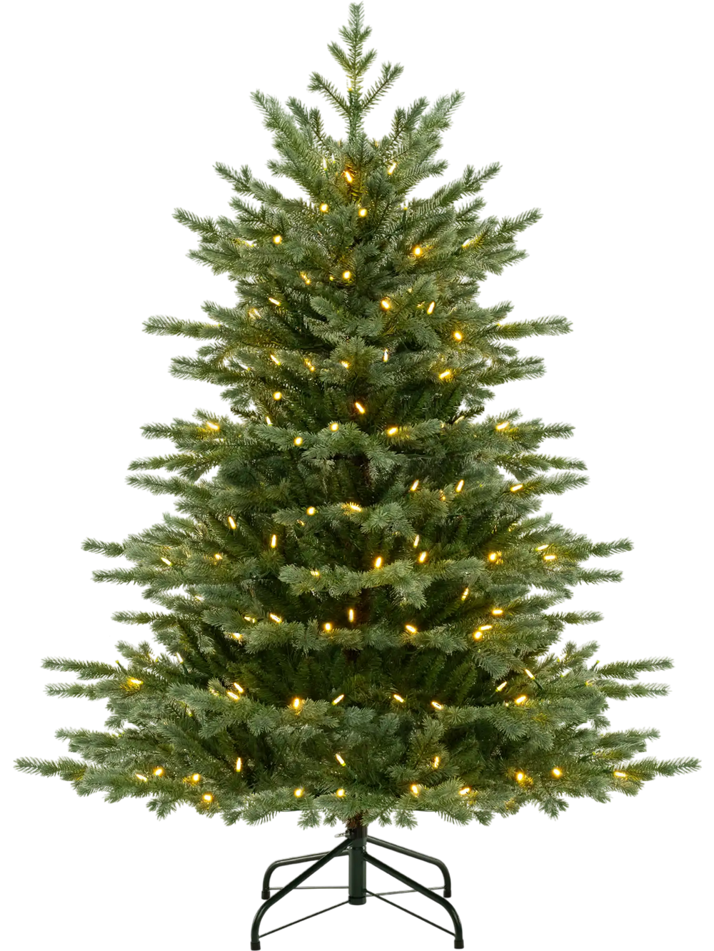 Dense 5-foot artificial Christmas tree with 200 warm white LED lights and realistic PVC foliage, ideal for holiday.