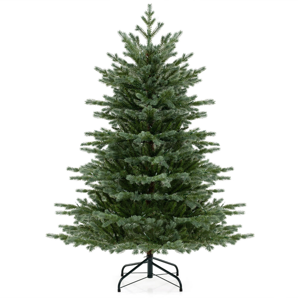 Lifelike 5-foot artificial Christmas tree with 1426 lush PVC branch tips and 200 warm white LED lights for festive.