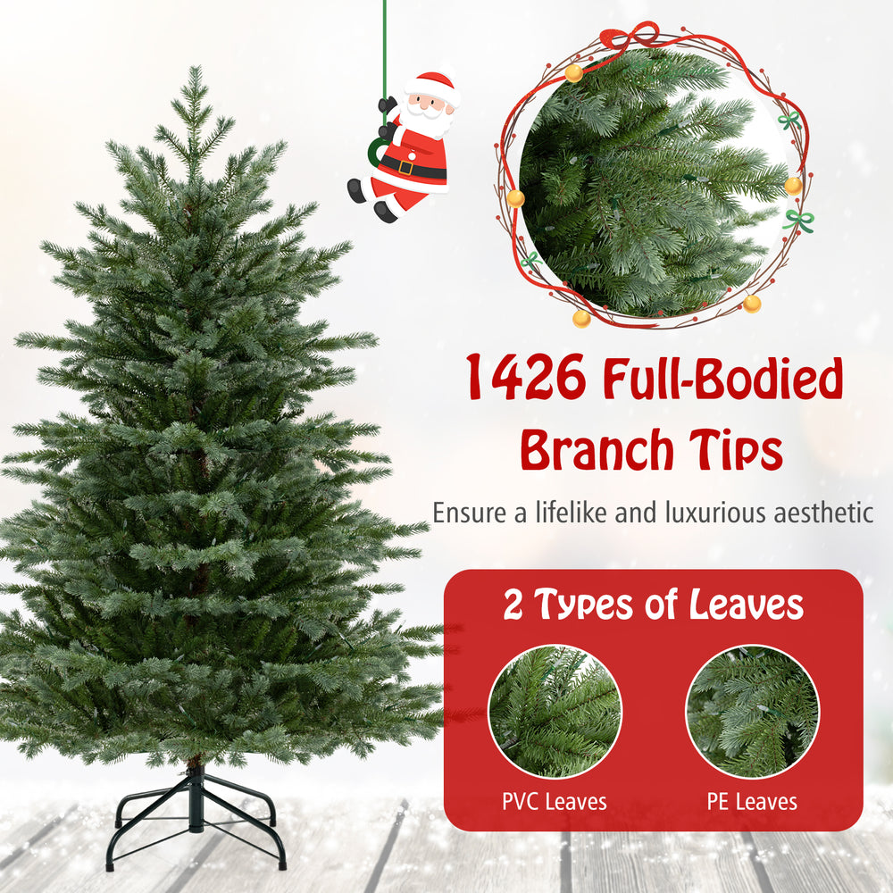 Full-bodied 5-foot artificial Christmas tree with 1426 PVC and PE branch tips, featuring 200 warm white LED lights.