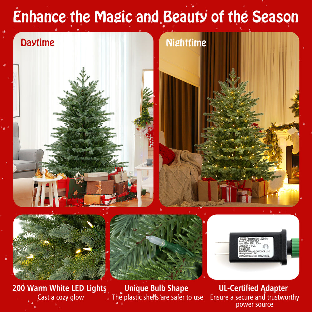 5-foot artificial Christmas tree with 200 warm white LED lights, featuring lush PVC branches for a lifelike look.