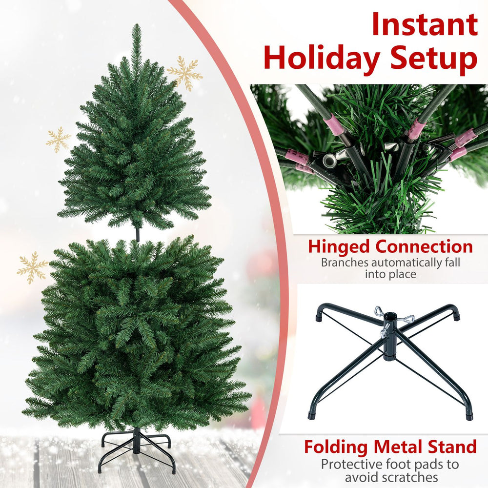 5 feet artificial fir Christmas tree with 600 branch tips, PVC material, and a foldable metal stand for easy storage.