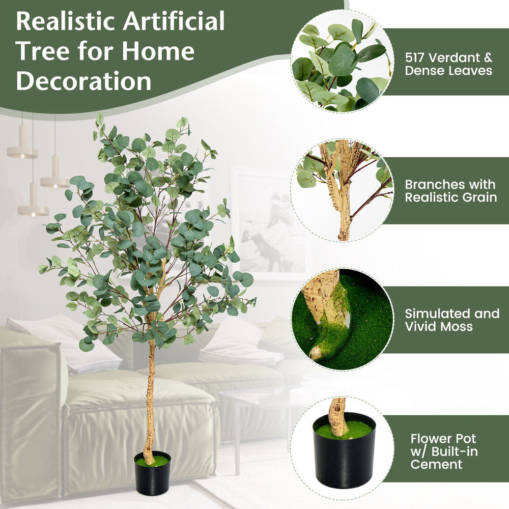 5.5 feet artificial eucalyptus tree with 517 dense leaves, realistic branches, and a stable flower pot for home.