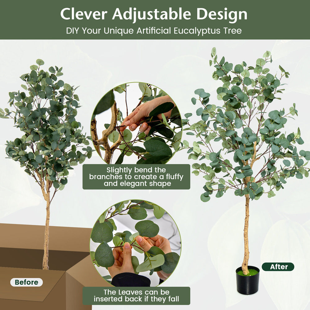 5.5 feet artificial eucalyptus tree with 517 adjustable leaves, featuring a stable pot for home or office decor.