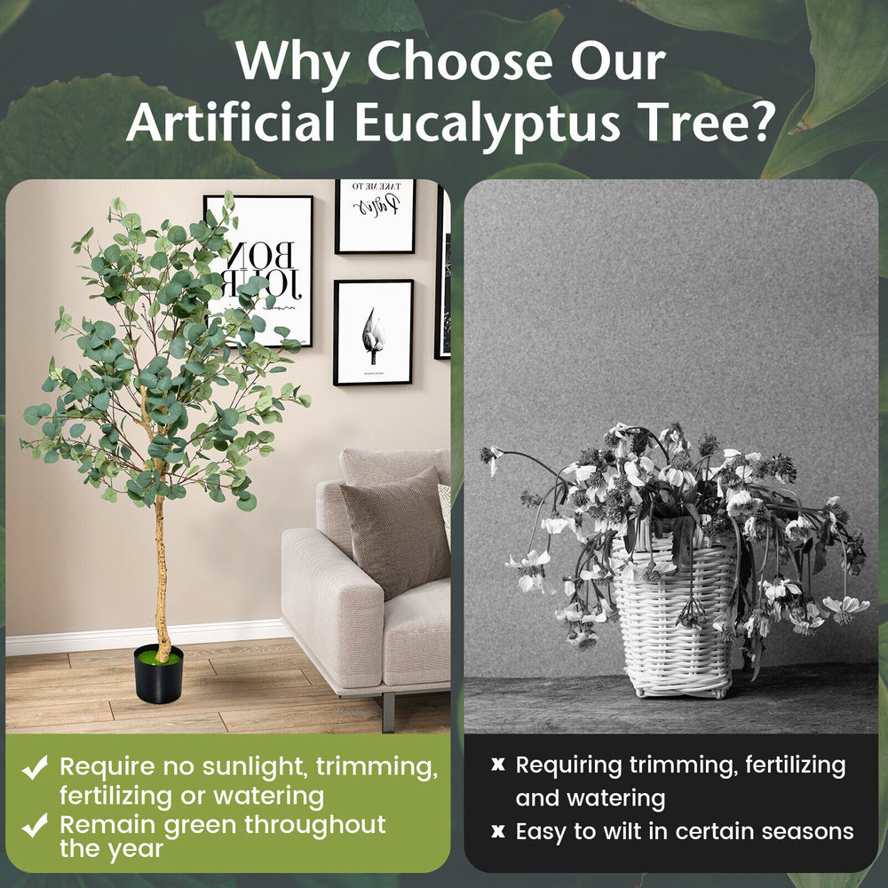 5.5 feet artificial eucalyptus tree with 517 dense leaves, perfect for home or office decor, requires no maintenance.