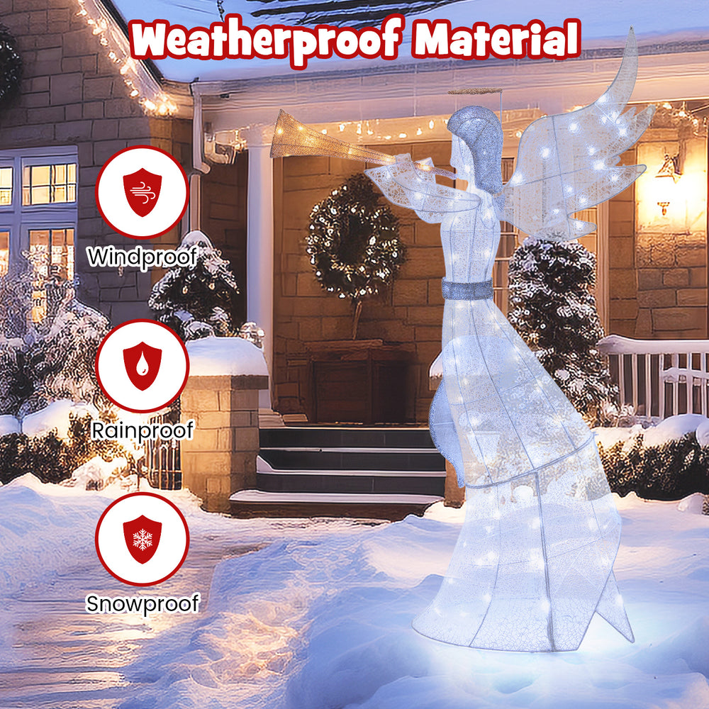 5-foot Christmas angel decoration with 100 LED lights, made of weatherproof material for outdoor use in winter.