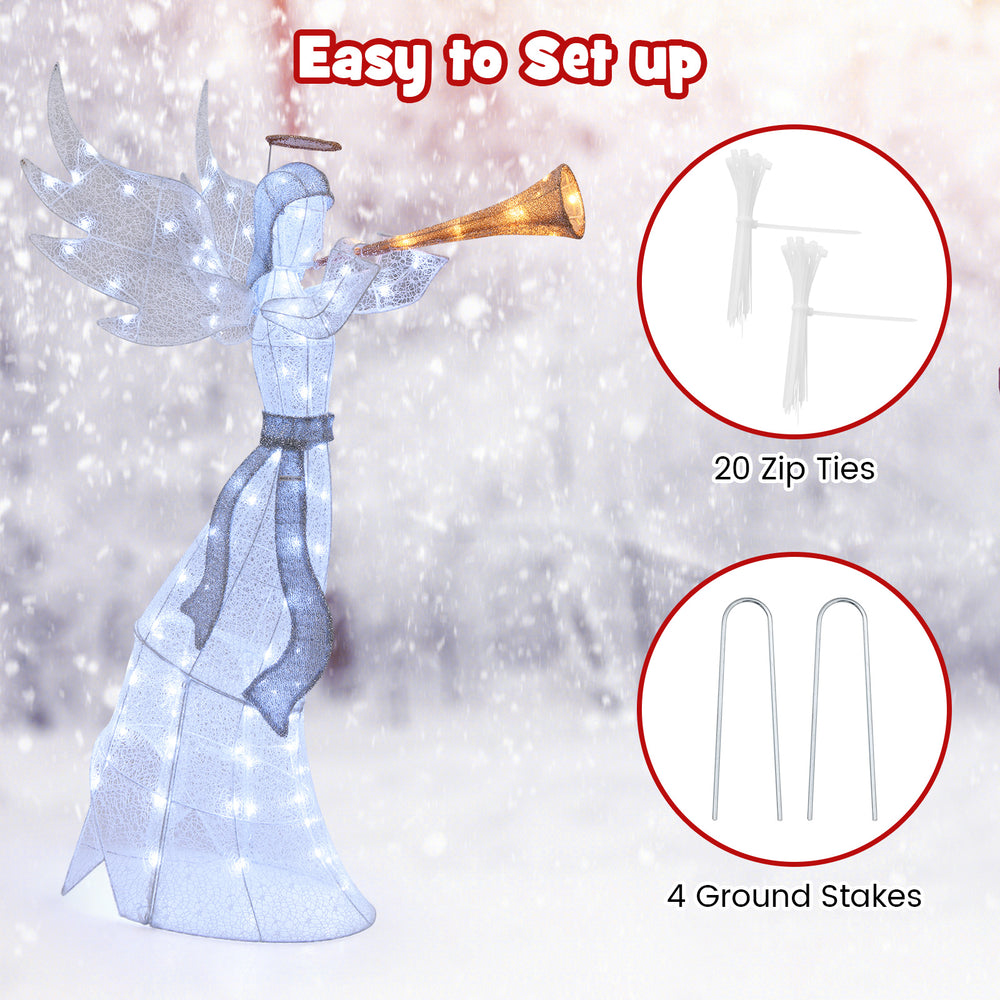 5 feet Christmas angel decoration with 100 LED lights, featuring a trumpet and large wings, ideal for outdoor use.