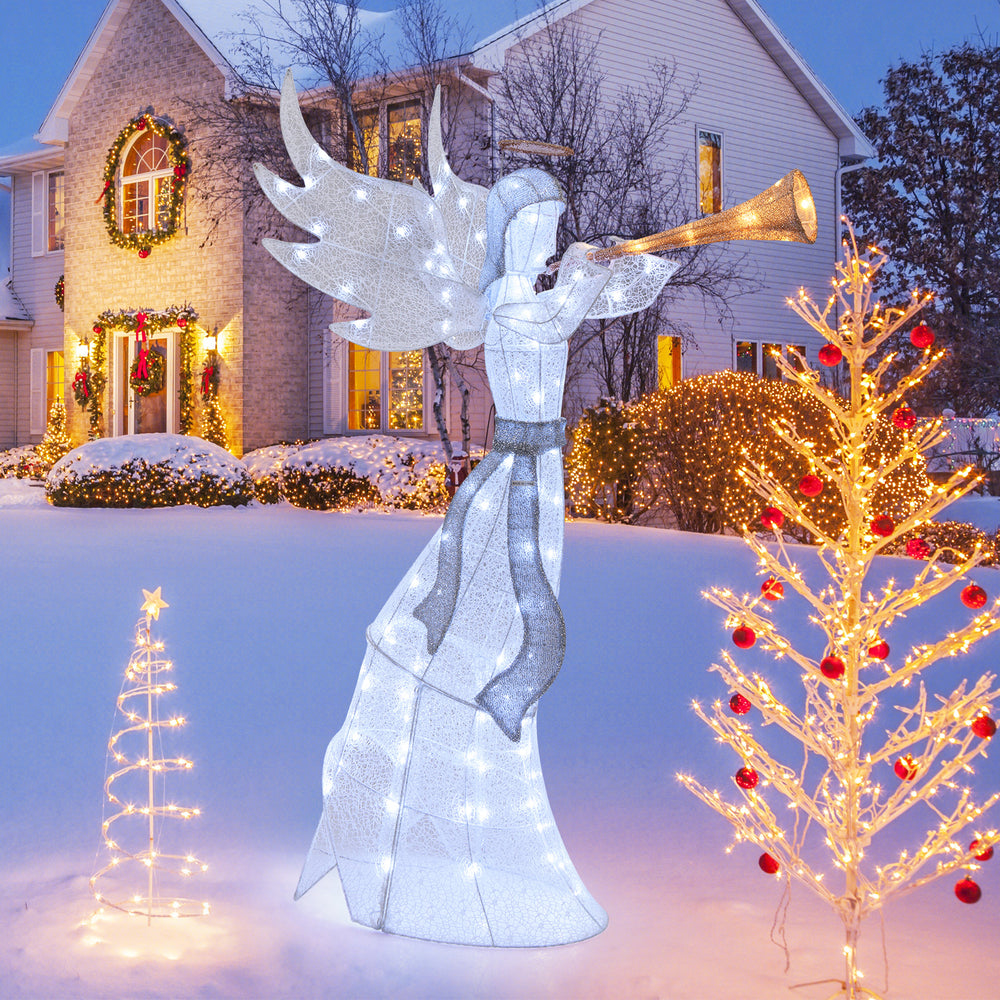 5-foot Christmas angel with 100 LED lights, featuring large wings and a trumpet, perfect for outdoor holiday decor.